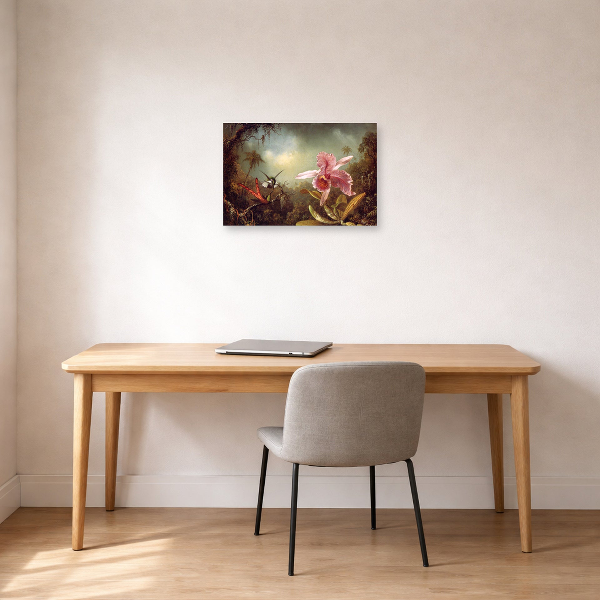 Unframed poster print of Martin Johnson Heade's 'Orchid with Two Hummingbirds' displayed on a wall in a office