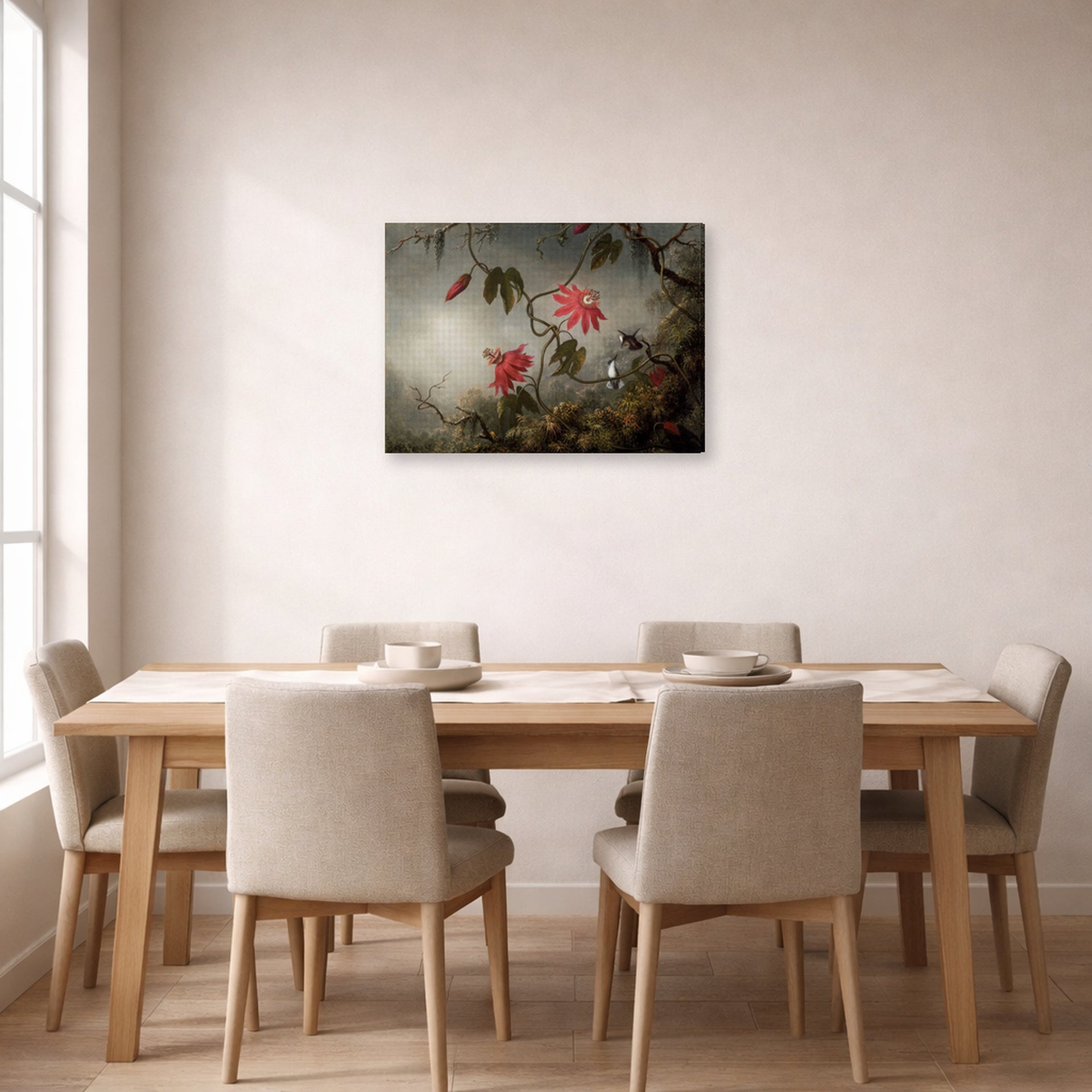 Gallery-wrapped canvas print of Martin Johnson Heade's 'Passion Flowers and Hummingbirds' displayed on a wall in a dining room