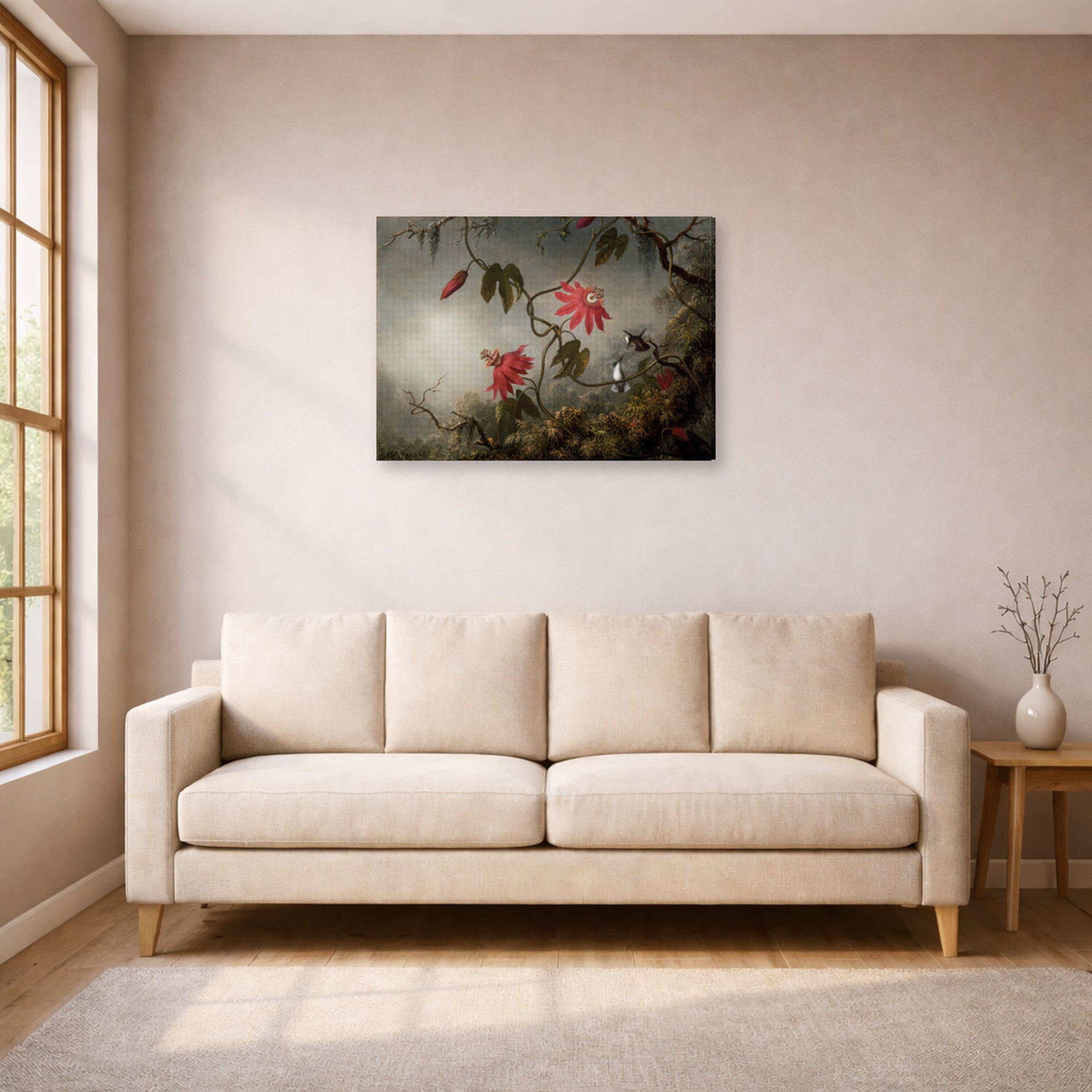 Gallery-wrapped canvas print of Martin Johnson Heade's 'Passion Flowers and Hummingbirds' displayed on a wall in a living room