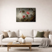 Gallery-wrapped canvas print of Martin Johnson Heade's 'Passion Flowers and Hummingbirds' displayed on a wall in a living room