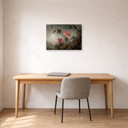 Gallery-wrapped canvas print of Martin Johnson Heade's 'Passion Flowers and Hummingbirds' displayed on a wall in a office