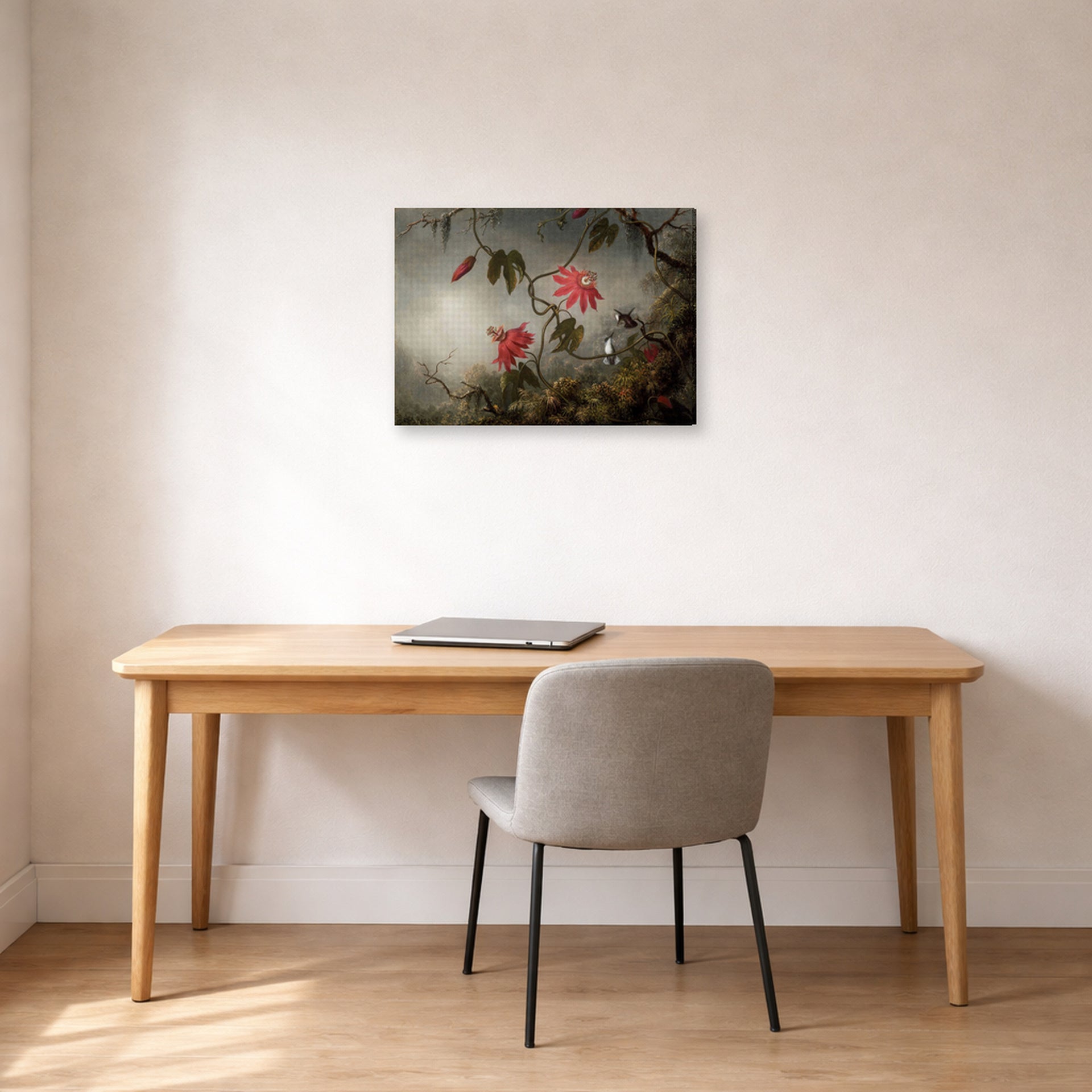 Gallery-wrapped canvas print of Martin Johnson Heade's 'Passion Flowers and Hummingbirds' displayed on a wall in a office