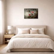 Unframed poster print of Martin Johnson Heade's 'Passion Flowers and Hummingbirds' displayed on a wall in a bedroom