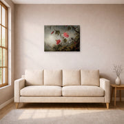 Unframed poster print of Martin Johnson Heade's 'Passion Flowers and Hummingbirds' displayed on a wall in a living room