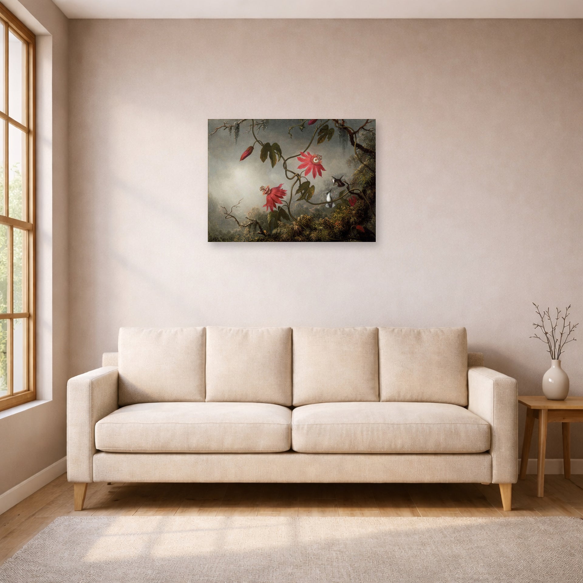 Unframed poster print of Martin Johnson Heade's 'Passion Flowers and Hummingbirds' displayed on a wall in a living room