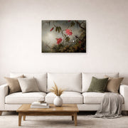 Unframed poster print of Martin Johnson Heade's 'Passion Flowers and Hummingbirds' displayed on a wall in a living room
