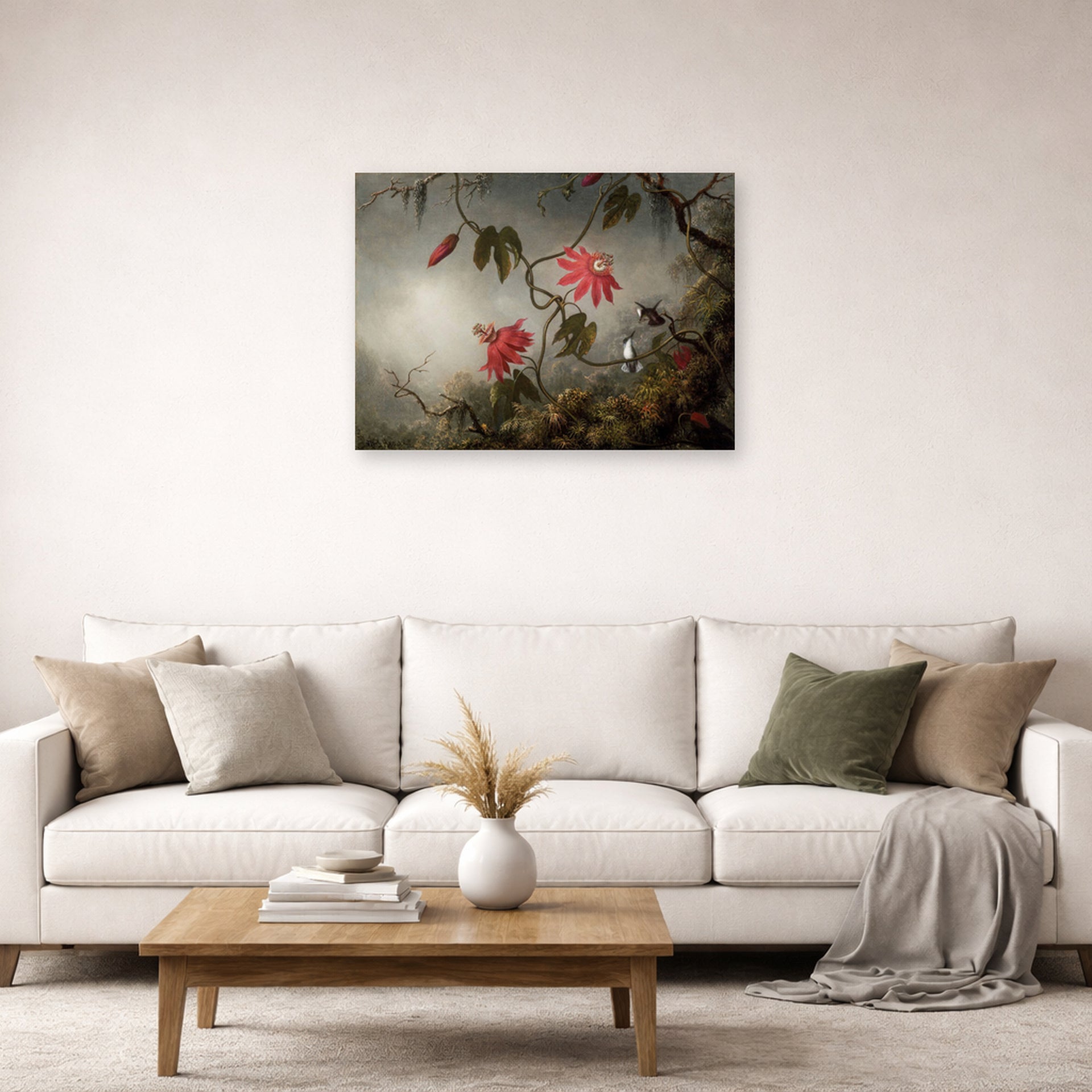 Unframed poster print of Martin Johnson Heade's 'Passion Flowers and Hummingbirds' displayed on a wall in a living room