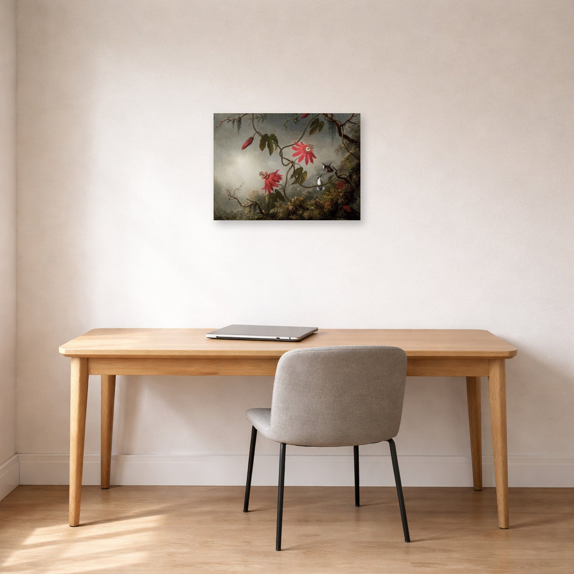 Unframed poster print of Martin Johnson Heade's 'Passion Flowers and Hummingbirds' displayed on a wall in a office