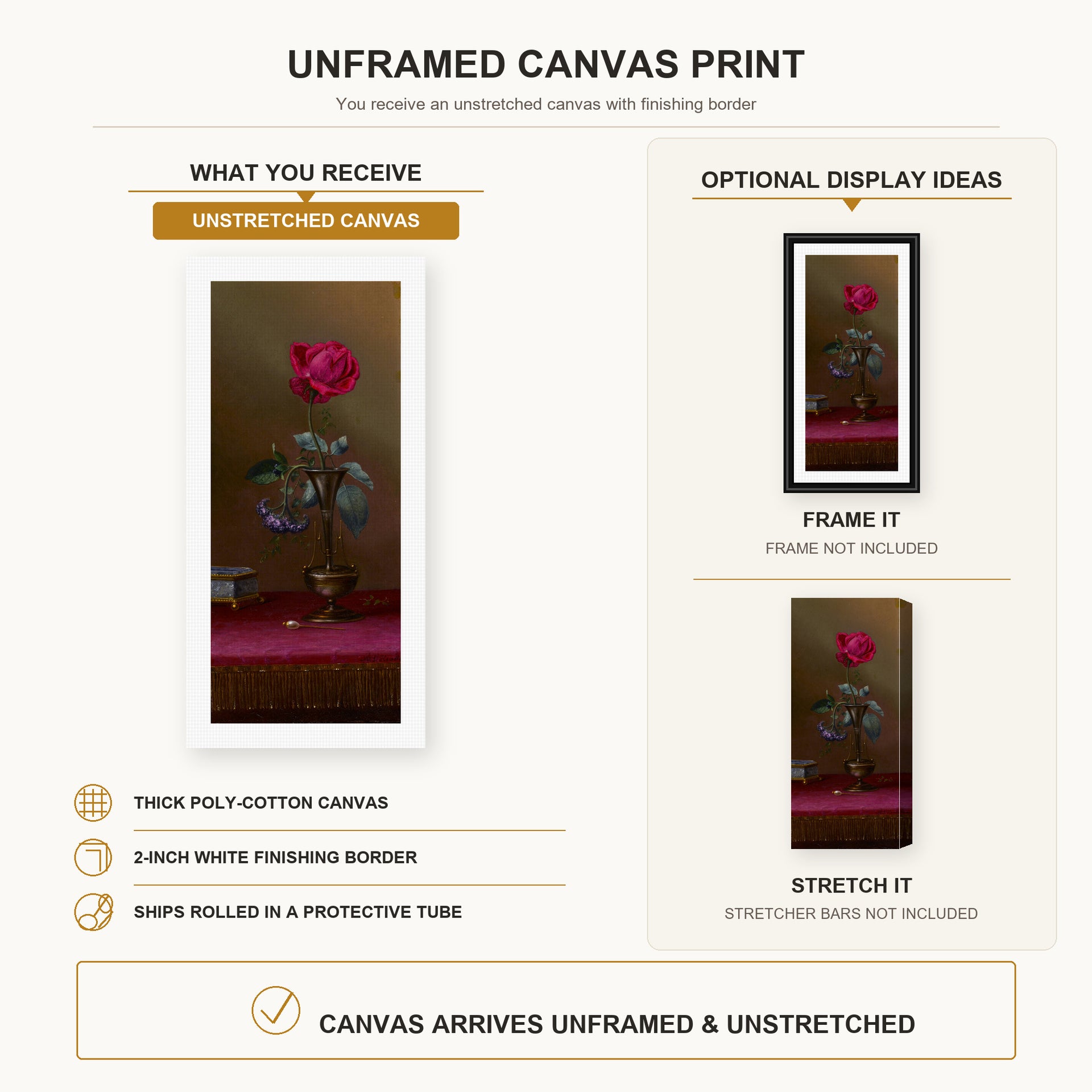 Martin Johnson Heade - Red Rose and Heliotrope in a Vase canvas print size comparison and framing display infographic