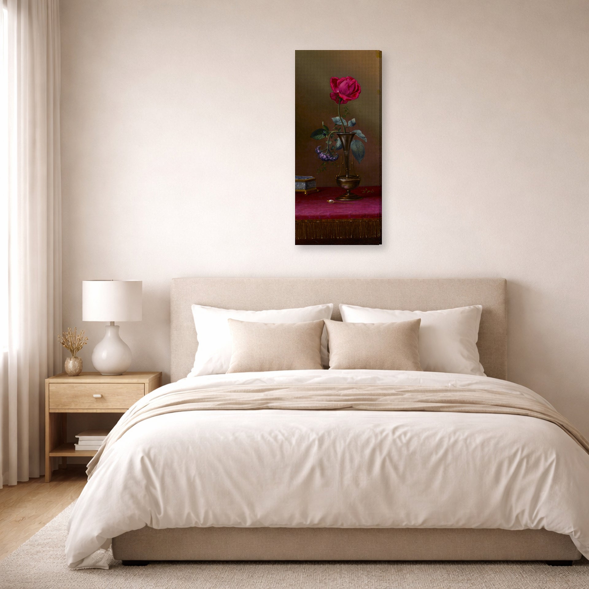 Gallery-wrapped canvas print of Martin Johnson Heade's 'Red Rose and Heliotrope in a Vase' displayed on a wall in a bedroom