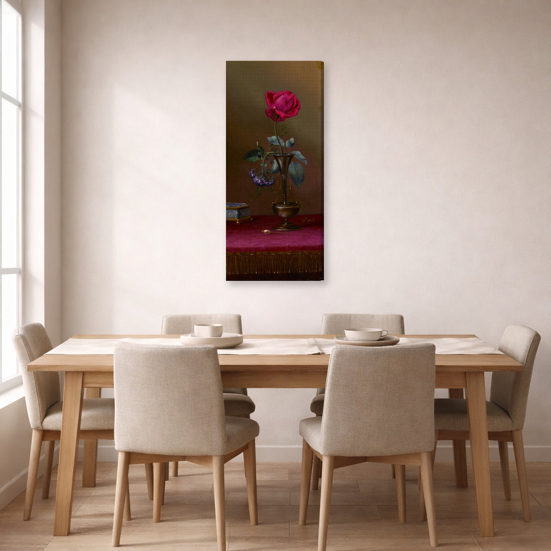 Gallery-wrapped canvas print of Martin Johnson Heade's 'Red Rose and Heliotrope in a Vase' displayed on a wall in a dining room