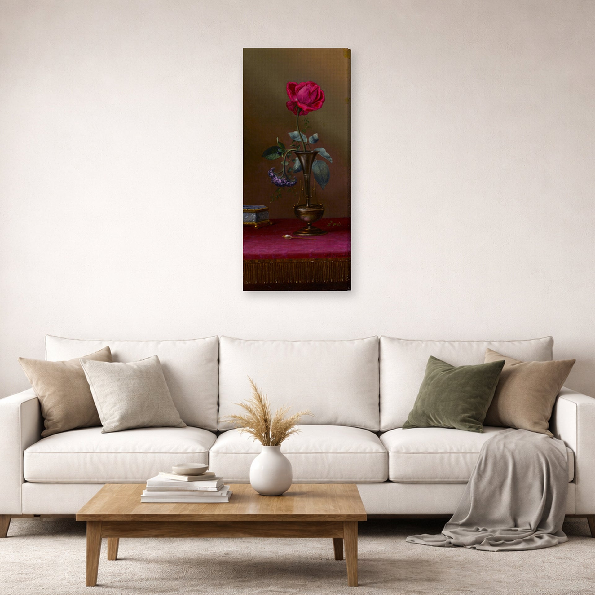 Gallery-wrapped canvas print of Martin Johnson Heade's 'Red Rose and Heliotrope in a Vase' displayed on a wall in a living room
