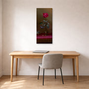 Gallery-wrapped canvas print of Martin Johnson Heade's 'Red Rose and Heliotrope in a Vase' displayed on a wall in a office