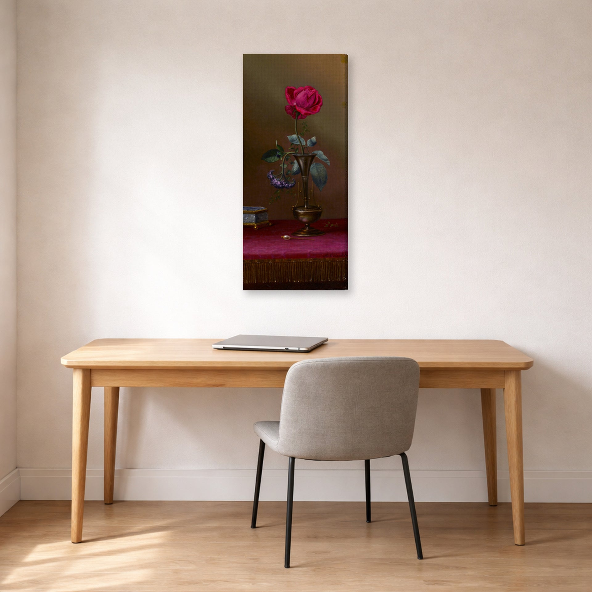 Gallery-wrapped canvas print of Martin Johnson Heade's 'Red Rose and Heliotrope in a Vase' displayed on a wall in a office