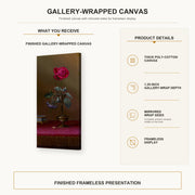 Martin Johnson Heade - Red Rose and Heliotrope in a Vase gallery wrap canvas construction and hanging details infographic