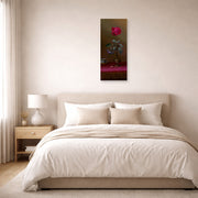 Unframed poster print of Martin Johnson Heade's 'Red Rose and Heliotrope in a Vase' displayed on a wall in a bedroom