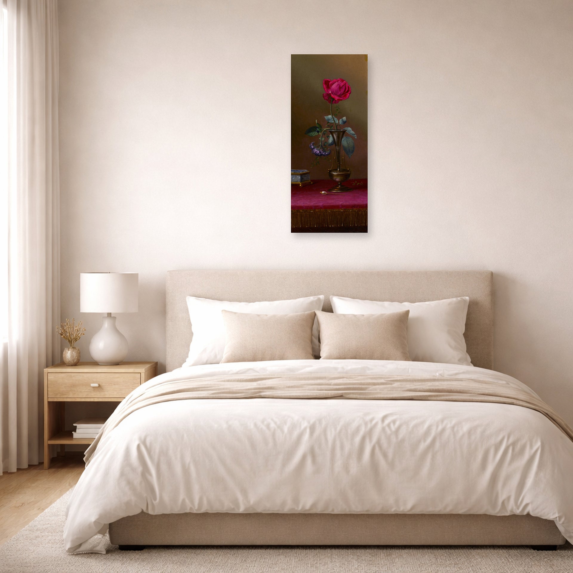 Unframed poster print of Martin Johnson Heade's 'Red Rose and Heliotrope in a Vase' displayed on a wall in a bedroom