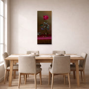 Unframed poster print of Martin Johnson Heade's 'Red Rose and Heliotrope in a Vase' displayed on a wall in a dining room