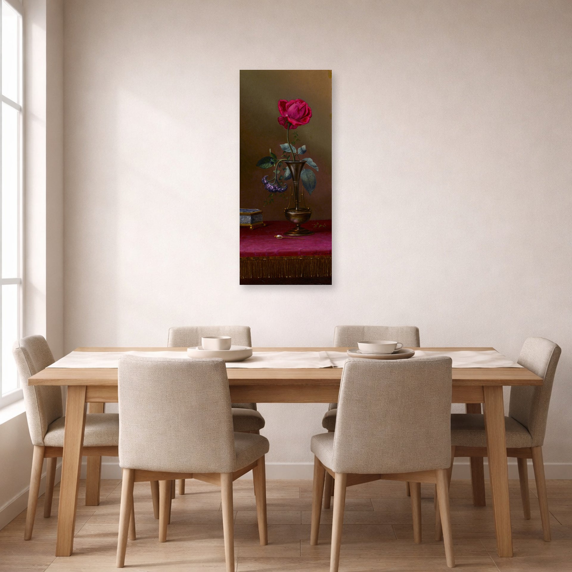 Unframed poster print of Martin Johnson Heade's 'Red Rose and Heliotrope in a Vase' displayed on a wall in a dining room