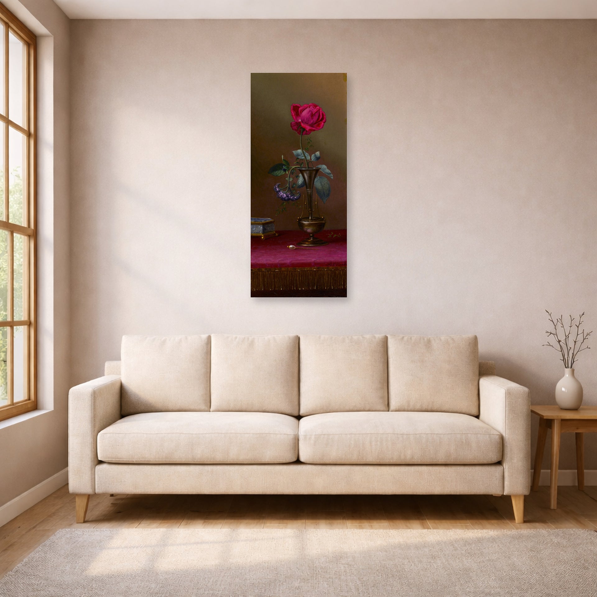 Unframed poster print of Martin Johnson Heade's 'Red Rose and Heliotrope in a Vase' displayed on a wall in a living room