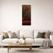 Unframed poster print of Martin Johnson Heade's 'Red Rose and Heliotrope in a Vase' displayed on a wall in a living room