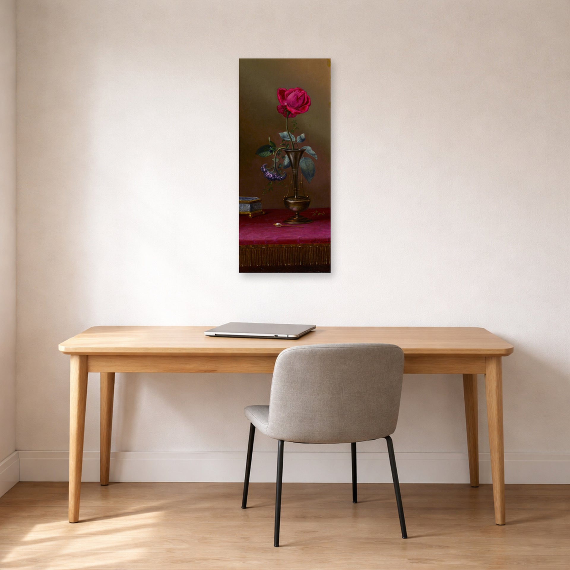 Unframed poster print of Martin Johnson Heade's 'Red Rose and Heliotrope in a Vase' displayed on a wall in a office