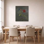 Gallery-wrapped canvas print of Martin Johnson Heade's 'Red Rose with Ruby Throat' displayed on a wall in a dining room