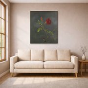 Gallery-wrapped canvas print of Martin Johnson Heade's 'Red Rose with Ruby Throat' displayed on a wall in a living room