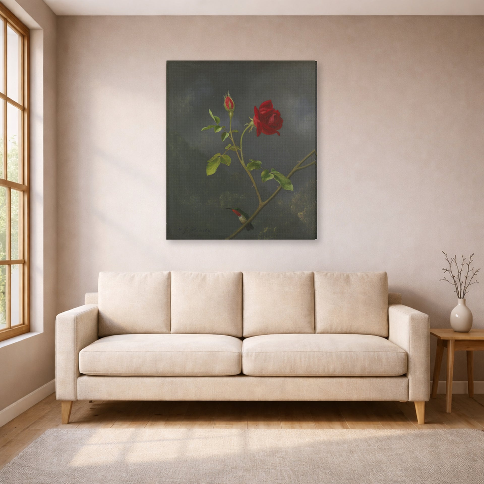 Gallery-wrapped canvas print of Martin Johnson Heade's 'Red Rose with Ruby Throat' displayed on a wall in a living room