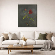 Gallery-wrapped canvas print of Martin Johnson Heade's 'Red Rose with Ruby Throat' displayed on a wall in a living room