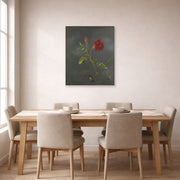 Unframed poster print of Martin Johnson Heade's 'Red Rose with Ruby Throat' displayed on a wall in a dining room