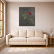 Unframed poster print of Martin Johnson Heade's 'Red Rose with Ruby Throat' displayed on a wall in a living room