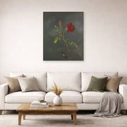 Unframed poster print of Martin Johnson Heade's 'Red Rose with Ruby Throat' displayed on a wall in a living room