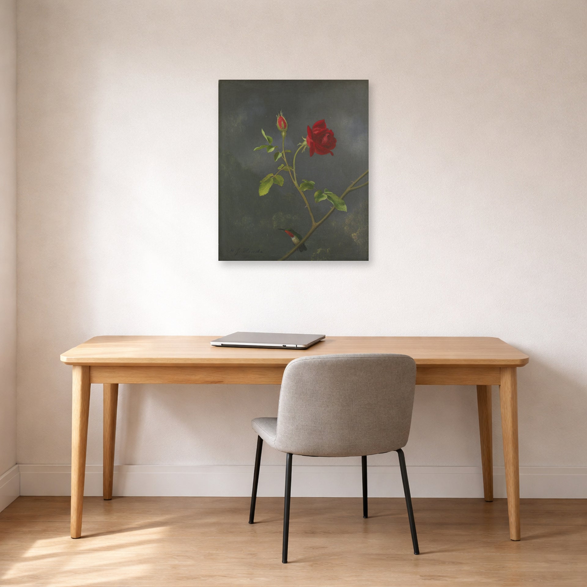Unframed poster print of Martin Johnson Heade's 'Red Rose with Ruby Throat' displayed on a wall in a office