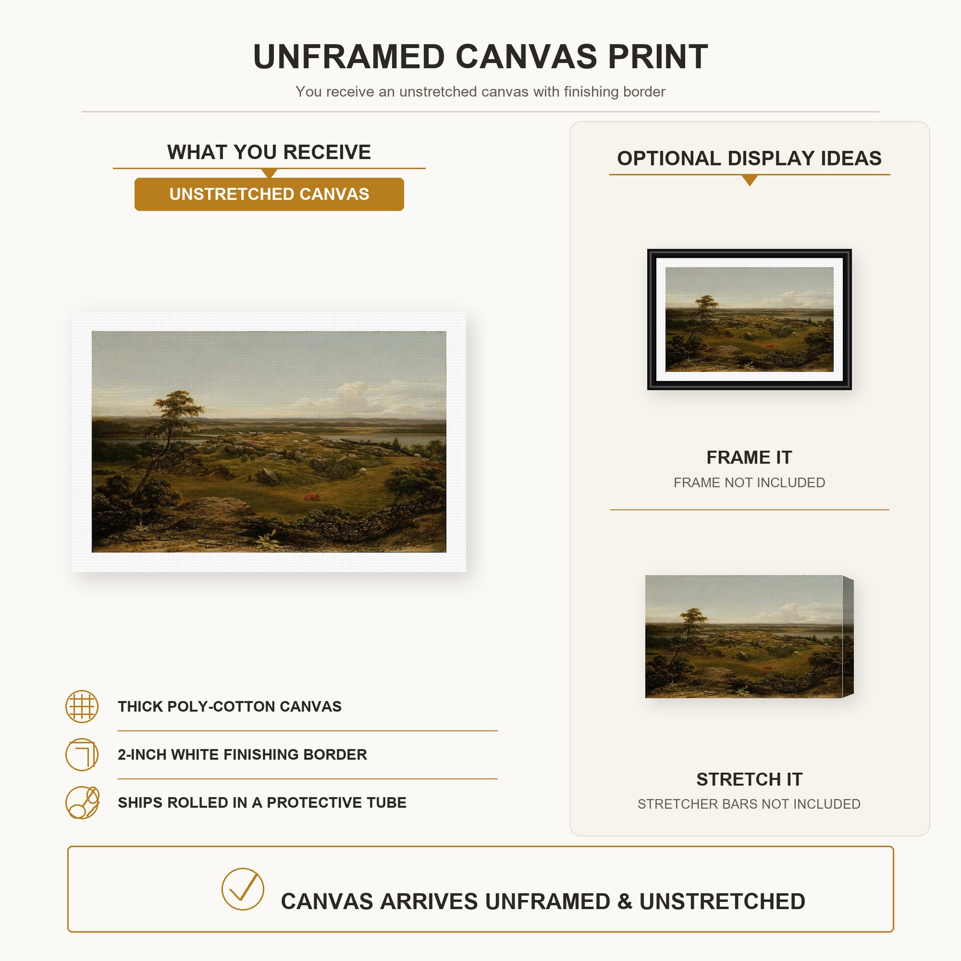 Martin Johnson Heade - Rocks in New England canvas print size comparison and framing display infographic
