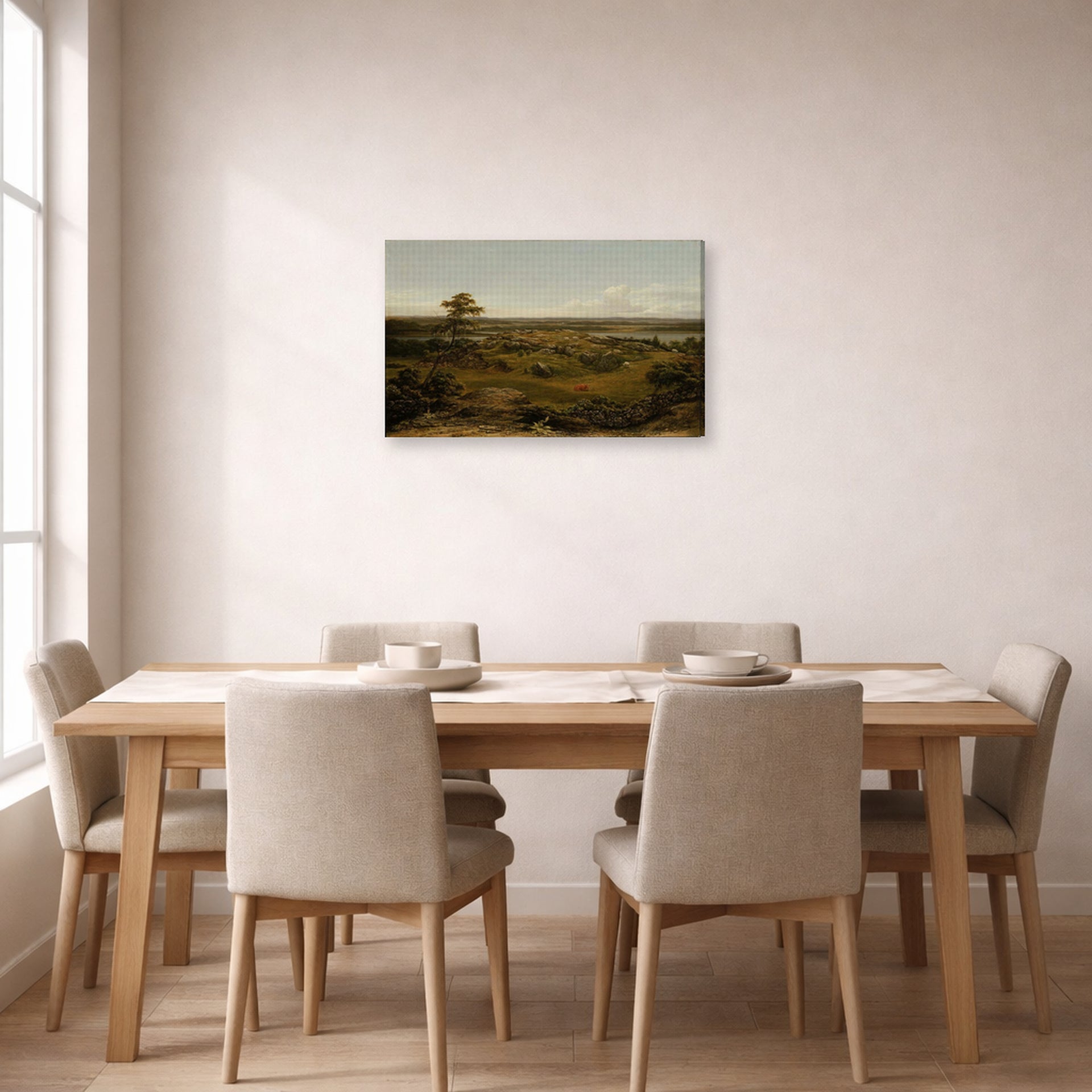 Gallery-wrapped canvas print of Martin Johnson Heade's 'Rocks in New England' displayed on a wall in a dining room
