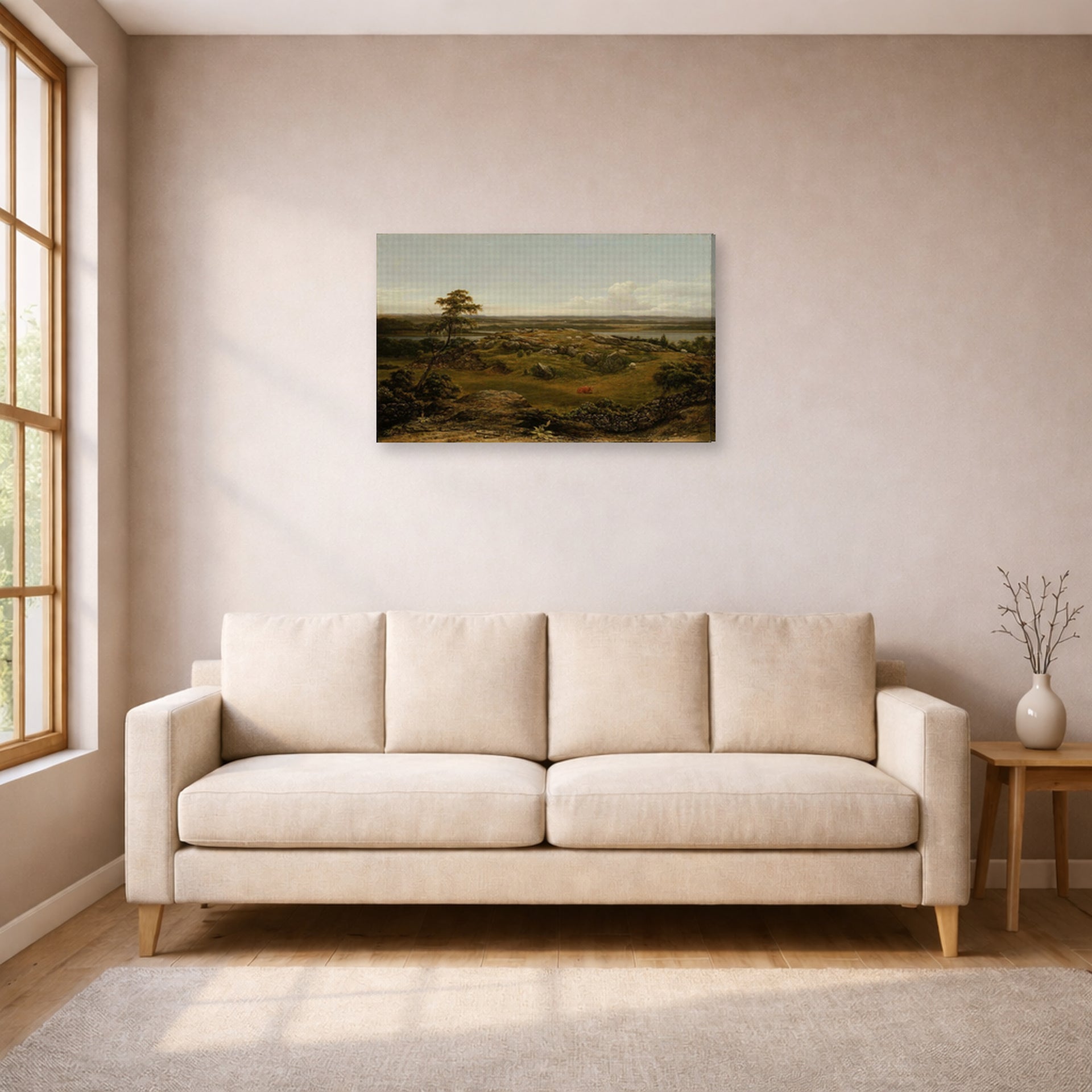 Gallery-wrapped canvas print of Martin Johnson Heade's 'Rocks in New England' displayed on a wall in a living room