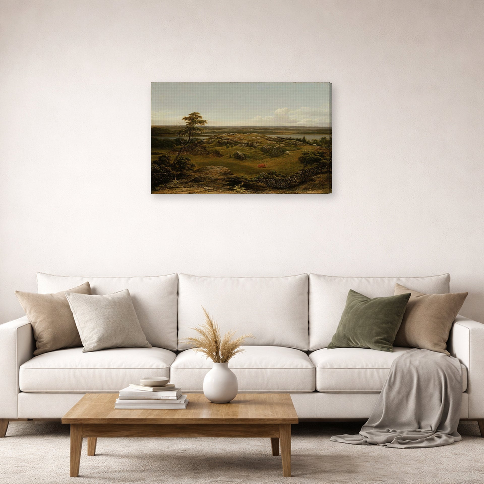 Gallery-wrapped canvas print of Martin Johnson Heade's 'Rocks in New England' displayed on a wall in a living room