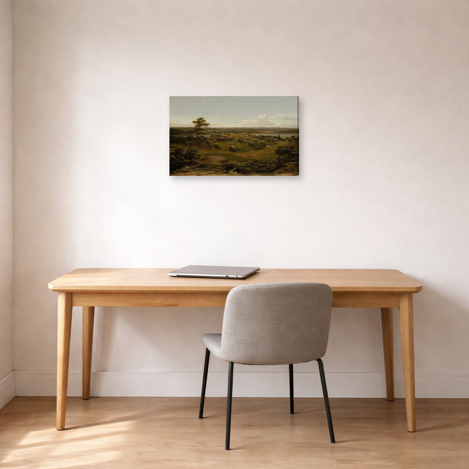 Gallery-wrapped canvas print of Martin Johnson Heade's 'Rocks in New England' displayed on a wall in a office