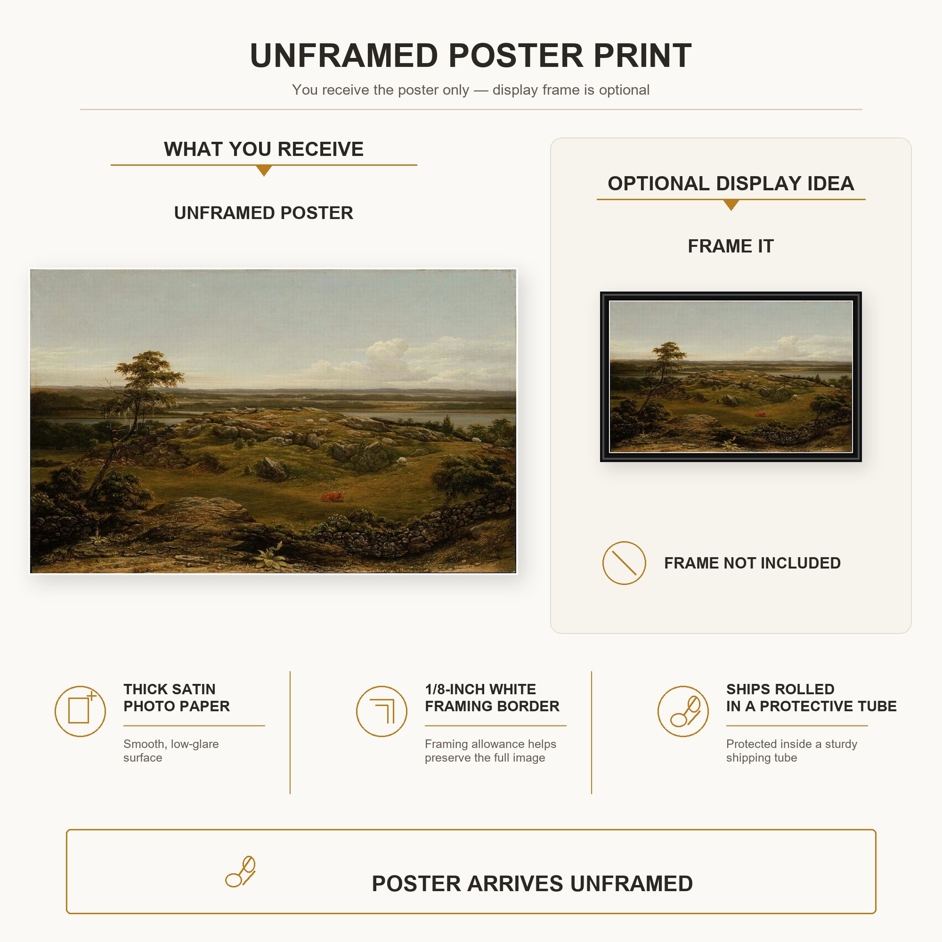 Martin Johnson Heade - Rocks in New England poster print size comparison and framing display infographic