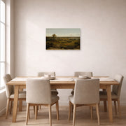 Unframed poster print of Martin Johnson Heade's 'Rocks in New England' displayed on a wall in a dining room