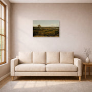 Unframed poster print of Martin Johnson Heade's 'Rocks in New England' displayed on a wall in a living room