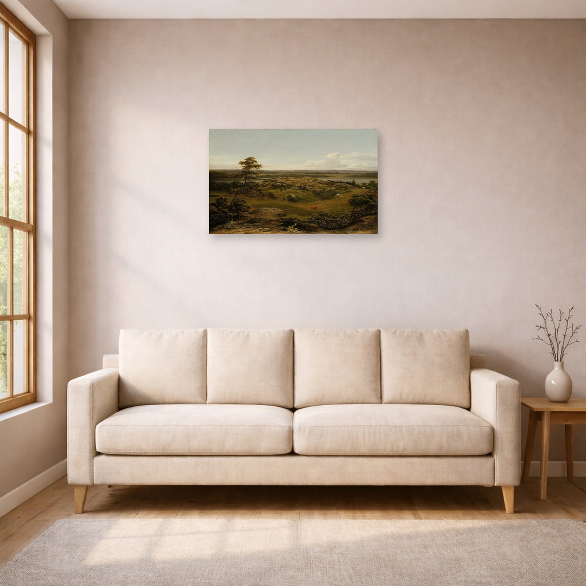 Unframed poster print of Martin Johnson Heade's 'Rocks in New England' displayed on a wall in a living room