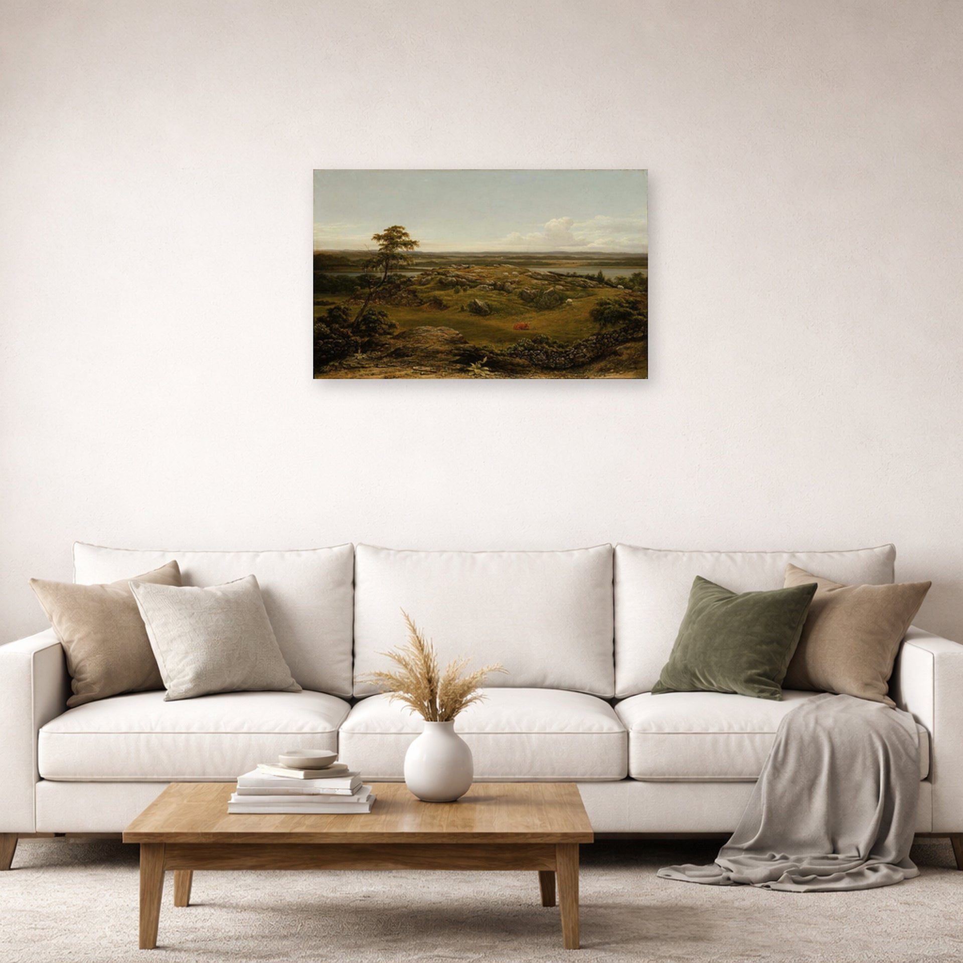 Unframed poster print of Martin Johnson Heade's 'Rocks in New England' displayed on a wall in a living room
