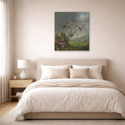 Gallery-wrapped canvas print of Martin Johnson Heade's 'Ruby Throated Hummingbird' displayed on a wall in a bedroom