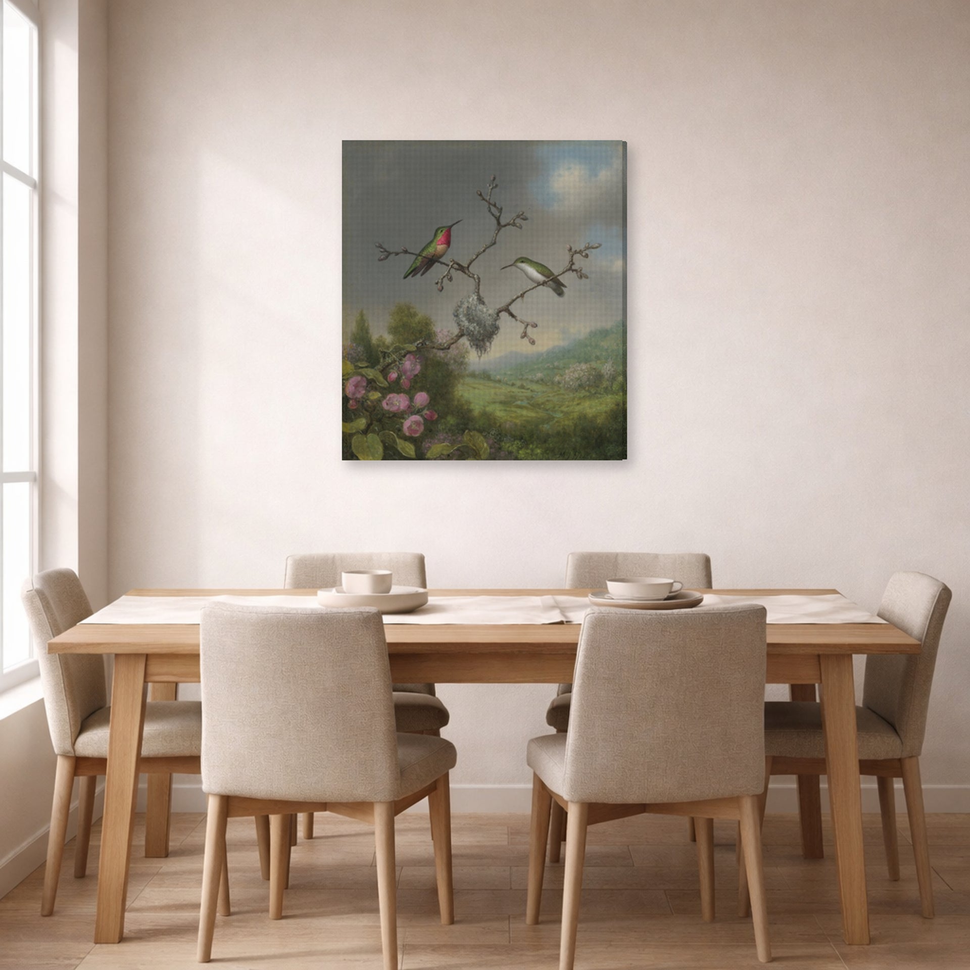 Gallery-wrapped canvas print of Martin Johnson Heade's 'Ruby Throated Hummingbird' displayed on a wall in a dining room