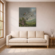 Gallery-wrapped canvas print of Martin Johnson Heade's 'Ruby Throated Hummingbird' displayed on a wall in a living room