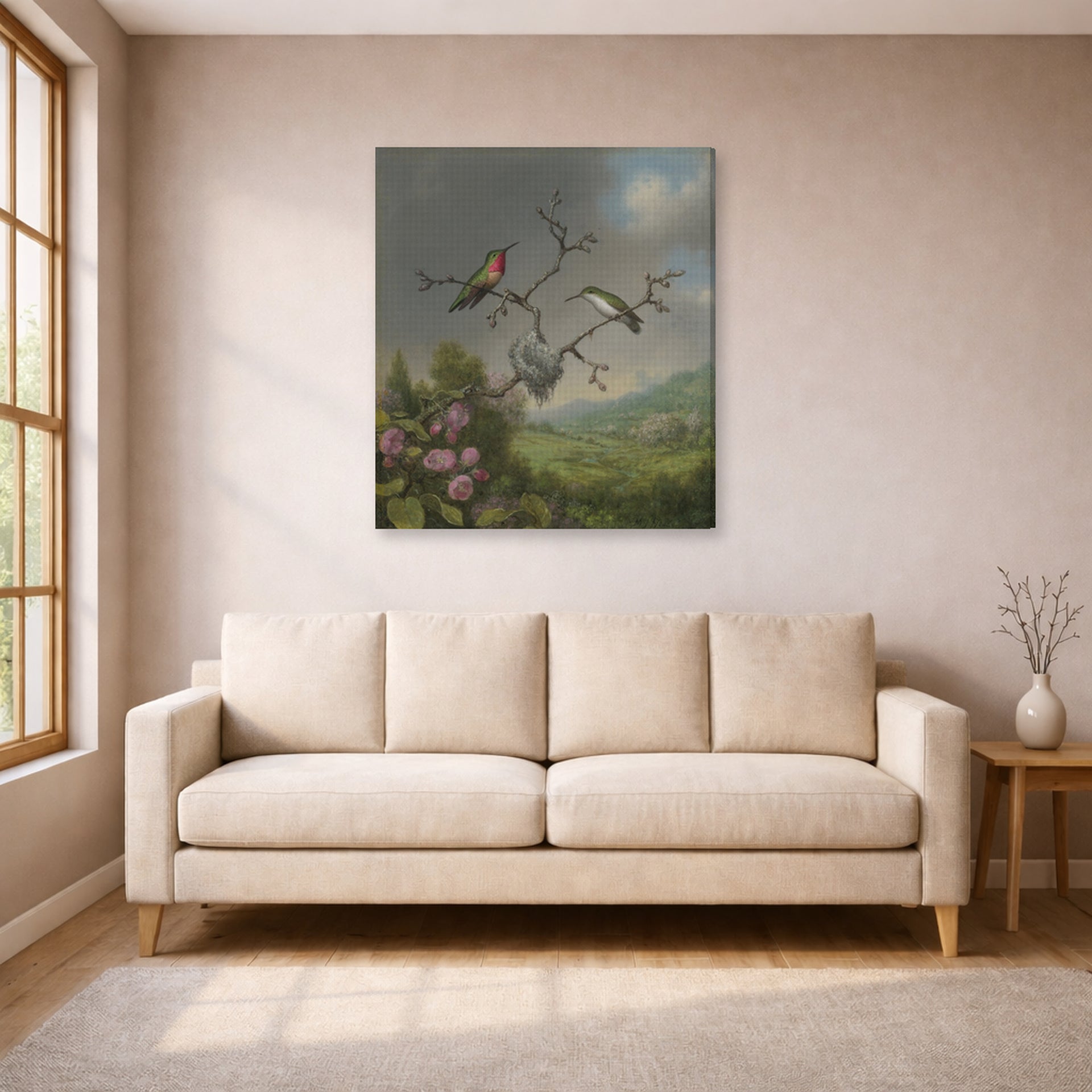 Gallery-wrapped canvas print of Martin Johnson Heade's 'Ruby Throated Hummingbird' displayed on a wall in a living room