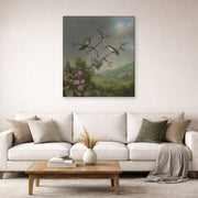 Gallery-wrapped canvas print of Martin Johnson Heade's 'Ruby Throated Hummingbird' displayed on a wall in a living room