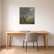 Gallery-wrapped canvas print of Martin Johnson Heade's 'Ruby Throated Hummingbird' displayed on a wall in a office
